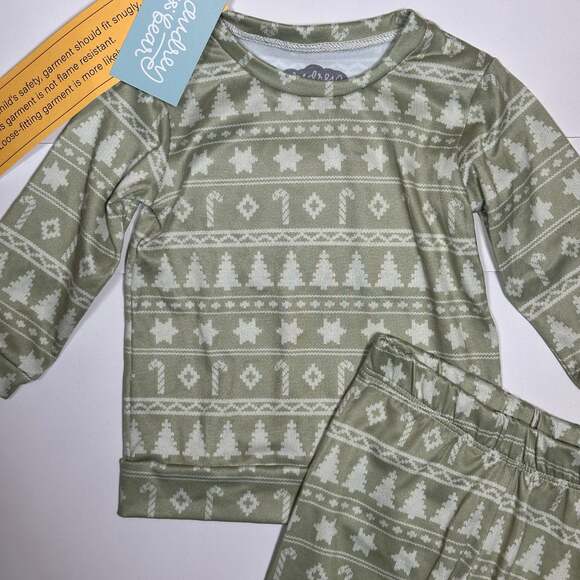 NWT Audrey & Bear Baby Sage Green Fair Isle 2-Piece Pajama Set Size 6-9M - Picture 2 of 5